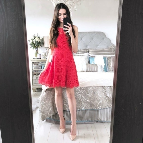 💕ADELYN RAE💕 Coral Lace Fit & Flare Mini Dress - Picture 1 of 6